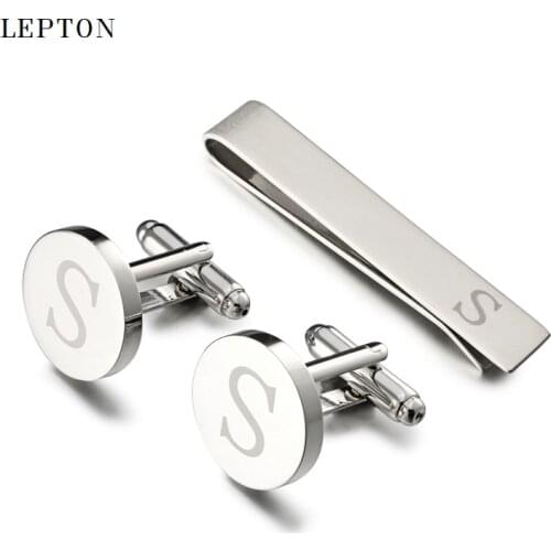 Hot Sale Round Letters S Cufflinks for Mens Silver Color Letters S of alphabet Cuff links & Tie Clip Set Men Shirt Cuffs Button
