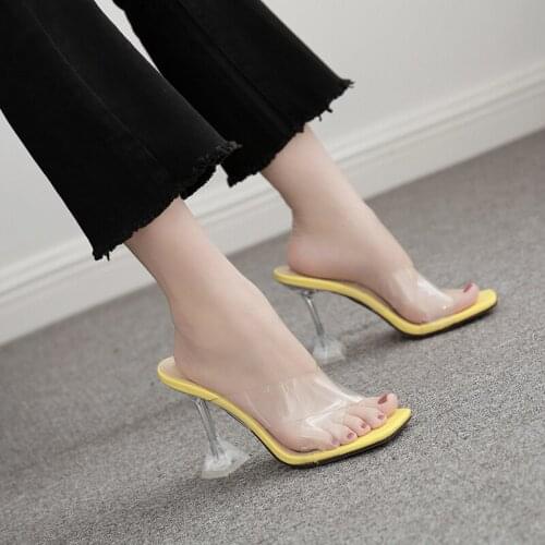 2021 New PVC transparent slippers women sandals summer fashion ladies crystal heeled slides clear high heels party shoes 42