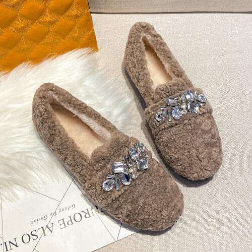 2021 Winter New Womens Flat Shoes Fashion Rhinestone Plush Keeps Warm Home Slip-on Loafers Solid Color Casual Ladies Shoes
