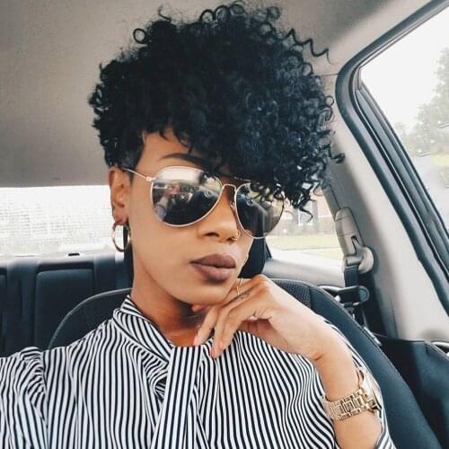 Trueme Short Kinky Curly Human Hair Wig Remy Brazilian Human Hair Wigs For Black Women Curly Pixie Cut Wig Ombre color full wig