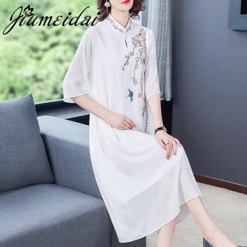 JiuMeiDai Women 2021 Summer A-Line Dress Office Lady Elegant Embroidery Long Dresses Female Fahion Sexy Party Clothing Plus Size