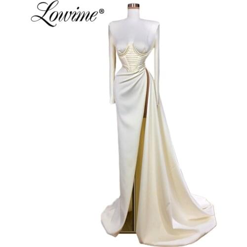 Simple Ivory Formal High Neck Evening Dresses 2020 Satin Celebrity Pageant Dress Long Sleeves Vestido De Festa Cheap Party Gowns