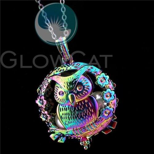 R-C969 Rainbow Owl Beads Cage Pendant Perfume Diffuser Aroma Pearl Cage Magnet Locket Necklace