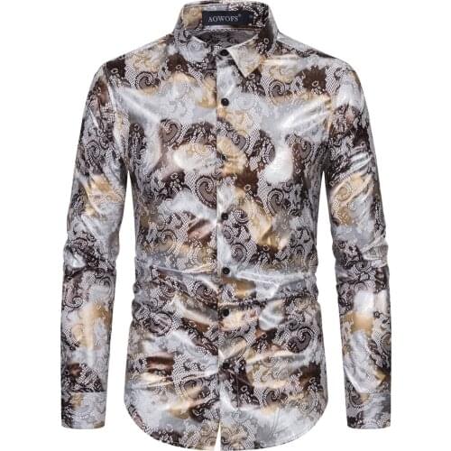 New casual mens long-sleeved shirt digital bronzing printing stretch shirt