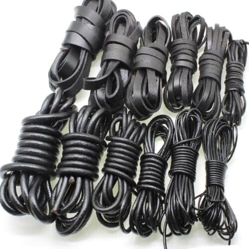 2m Black Color Real Genuine Leather Cord 2 3 4 5 6 8 mm Round Flat Leather Rope String Fit Necklace Bracelet DIY Jewelry Making