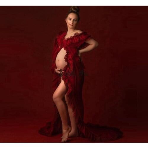 Sexy Burgundy Long Maternity Robes A-Line Front Open Lace Edage Dresses Women For Photo Shoot Plus Size Customized
