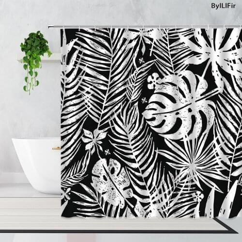 Modern Simple Black And White Plants Shower Curtains Tropical Green Leaf Waterproof Polyester Fabric Bath Curtain Bathroom Decor