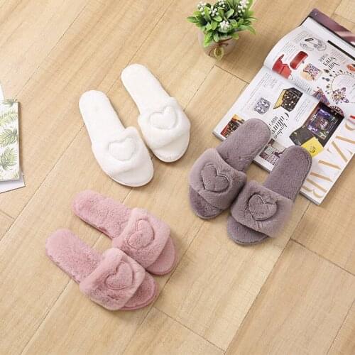 New Style Slippers Female Home Interior Plush Winter Non-slip Warm Cotton Slippers Fashion Heart-shaped Solid Color Slippers