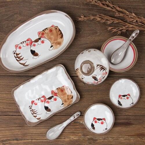 Japanese Style Hand-Painted Ceramic Cute Cartoon Cat Tableware Set Soup Noodle Bowl Fish Dish Family Dinner Steak Dessert Plate