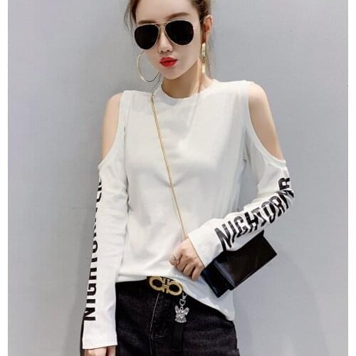Summer European Clothes Cotton T-Shirt Chic Sexy Off Shoulder Print Letters Women Tops Long Sleeve Bottoming Shirt Tees T17320A