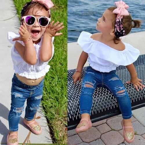 1-6Y Girls Clothes Set Fashion Bow hairband + A word shoulder Top + hole Pant Baby Girls Clothing Set Kids Clothes Set jacket