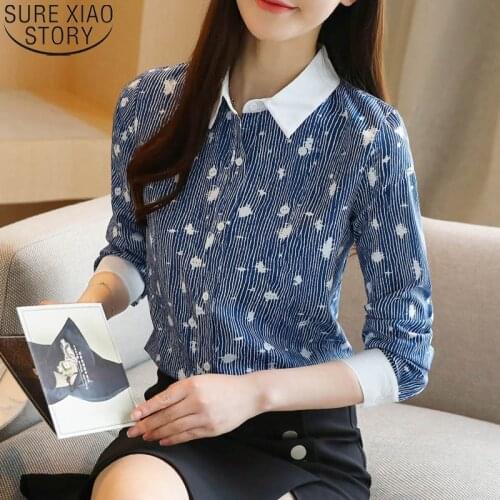 2021 New Women Shirt and Blouse Blue Chiffon Shirts Print Blouses Long Sleeve Turn-down Collar Fashion Ladies Tops Blusas 10888