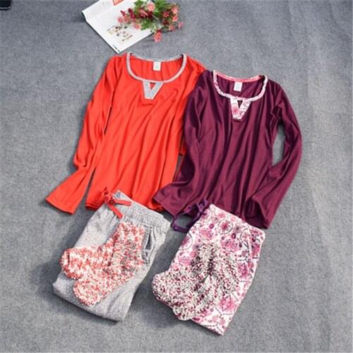 2021 Mew Pajamas Womens Knitted Cotton Long sleeves Pajama Set 3 pieces