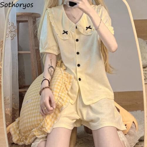 Women Solid Pajama Sets Short Sleeve Tops Loose Cozy Bow Shorts Sweet Girls Lounge Students Hipster Females Sleepwear Kawaii New