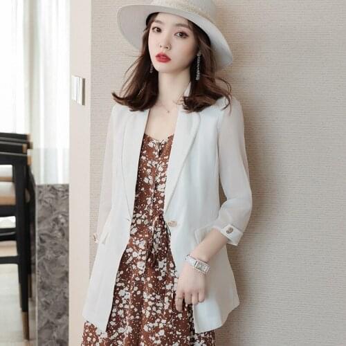 Half Sleeve Elegant White Summer Spring Blazers Jackets Coat with Chiffon Sleeve for Women OL Styles Professional Outwear Blaser