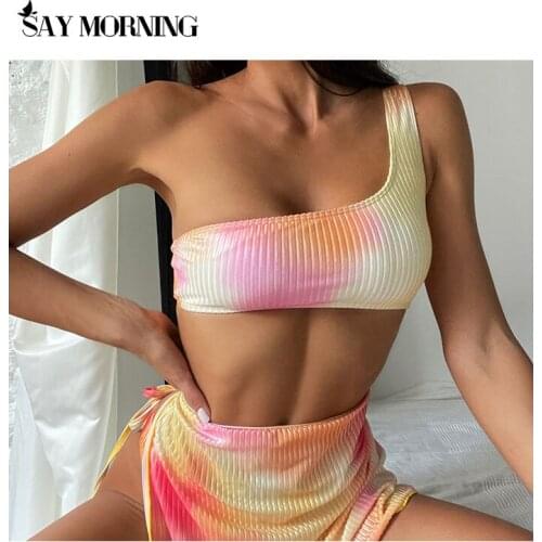 SAY MORNING 2021 Womens Bikini New Tie-Dye Printed Split Swimsuit Three-Piece One-Shoulder Lace Bikinis Swimwear Beach Wear