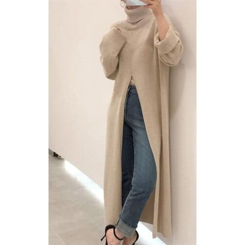 Women Designer Turtleneck Split Sweater Dress Ladies Long Sleeve Solid Straight Loose Knitted Maxi Dresses Winter vestido