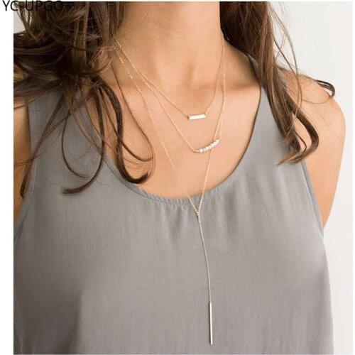 Boho Vintage Simple Multilevel Artificial Bead Necklaces For Women Fashion Gold Rectangular Sequins Pendant Necklace Jewelry