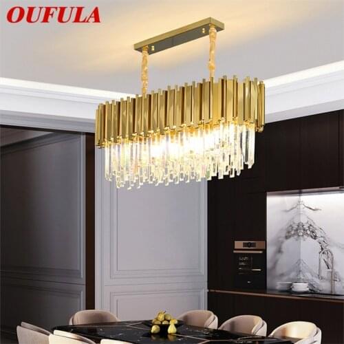 OUFULA Gold Chandelier Crystal Rectangle Pendant Lamp Postmodern LED Light Fixture for Home Living Dining Room