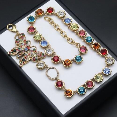 2021 new vintage color rhinestone butterfly bracelet necklace earrings jewelry set