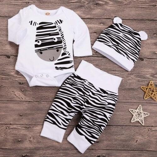 3pcs Spring Babys Sets For Kids Newborn Infant Baby Boys Girls Cartoon Zebra Print Tops Pants Hat Outfits Set 3-12 Months