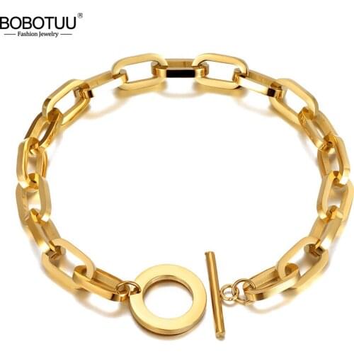 BOBOTUU Hiphop/Rock Titanium Stainless Steel Big Thick Charm Bracelets For Women Men Punk Chain Link OT Clasp Bracelet BB20172