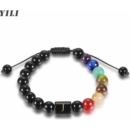 Initial Chakra Bracelet 26 Letter Natural Stone Bead Bracelet Adjustable Braided Rope Black Onyx Yoga Beads Healing Bracelets