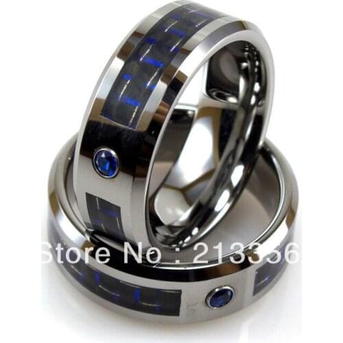 Cheap Price Free Shipping 2013 USA Hot Selling 8MM Silver Tungsten Carbide Ring With Blue Fiber&Blue Cz Mens' Wedding Band Ring