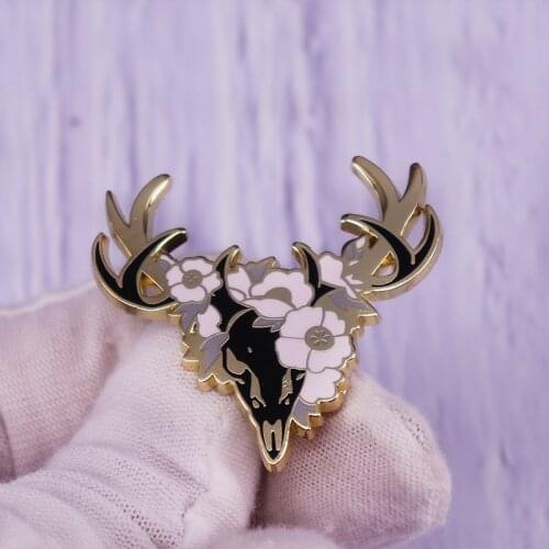 Poppies Deer Enamel Pin floral skull Brooch Badge Art Accessory Jewelry
