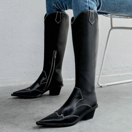 EshtonShero Spring Autumn Knee High Boots Women Fashion Black Square Heel Woman Leather Shoes Pointed Toe Winter Large Size 3-9