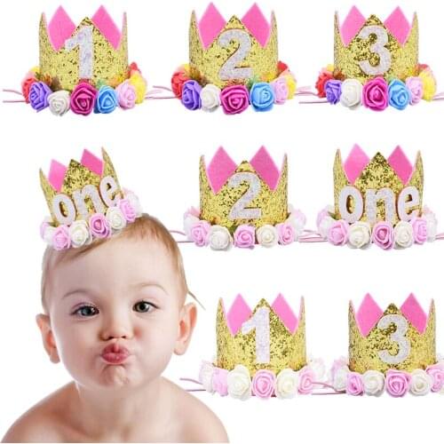 1pc Flower Crown Cap 1 2 3 Birthday Caps Baby Shower Girls Birthday Hats Anniversary Party Decor Newborn Digital Crown Headdress