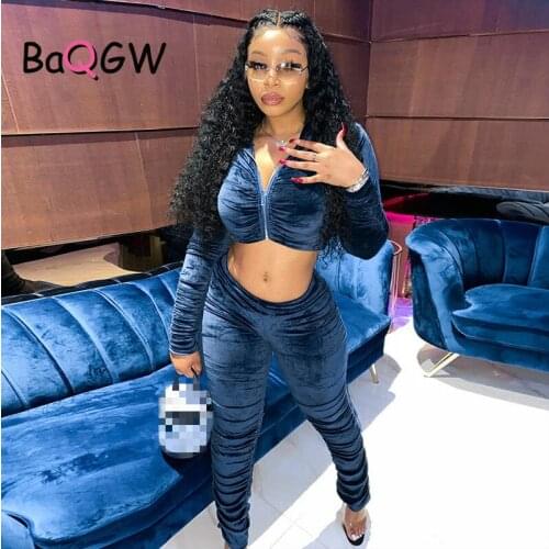 Solid Velvet Two Piece Sets Women Autumn Winter Hoody Crop Sweatshirt+Sweatspants Matching Suits Fashion Sportswear Female Hot