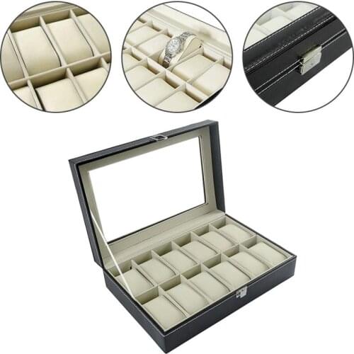 Aaa12 Slots Watch Box Black Watches Collector With Lock And Mirror Brilliant PU Box With Soft Leather Pillows Watch Organizer