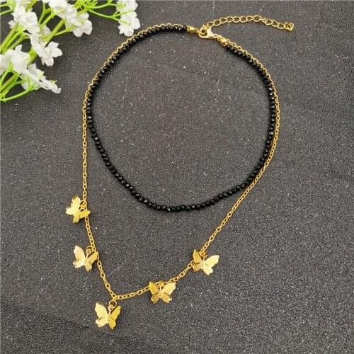 Fashion Layered Black Beads Choker Necklace for Women Simple Gold Silver Color Butterfly Statement Necklace Women Clacicle Chain