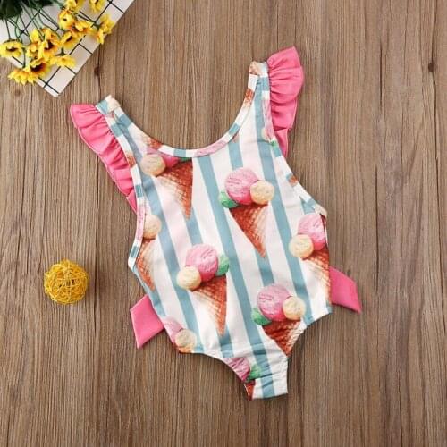 New Lovely Ice Cream Printing Kid Baby Girls Striped Swimwear Bow Bikini Swimming Clothes Summer Beachwear 6M-4Y