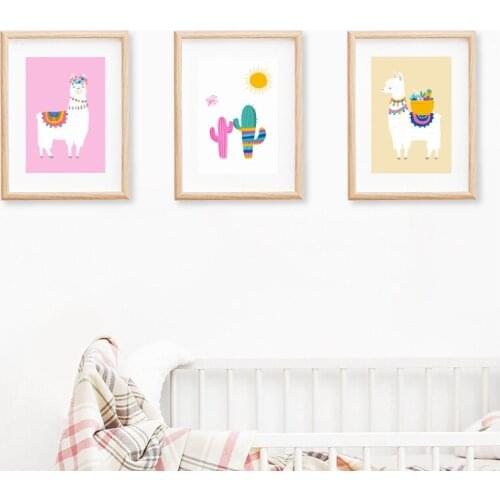 Llama Cactus Nursery Wall Art Canvas Posters Prints Nordic Cartoon Animals Alpaca Painting Wall Picture Girl Bedroom Home Decor