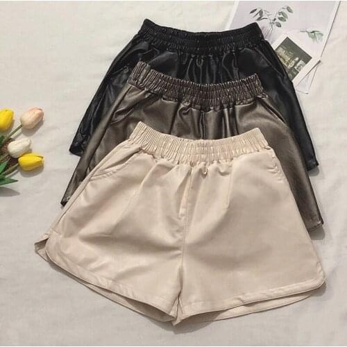 PU Leather Shorts Autumn Winter Women Fashion High Waist Loose Shorts England Style Pockets Leather Shorts women