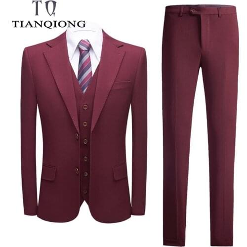 TIAN QIONG Burgundy Wedding Suits For Men Slim Fit Mens Formal Business Suits High Quality Brand Clothing Jacket+Pants+Vest