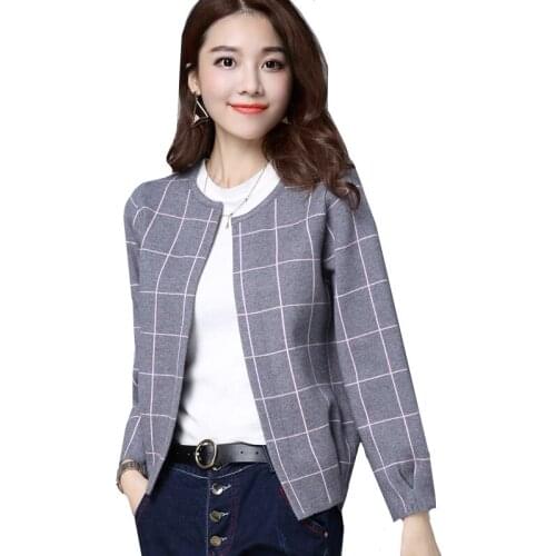 Spring Autumn Womens Knitwear Cardigan Korean Loose O neck Long-sleeve Knit Plaid Cardigan All-match Casual Female Sweater Coat