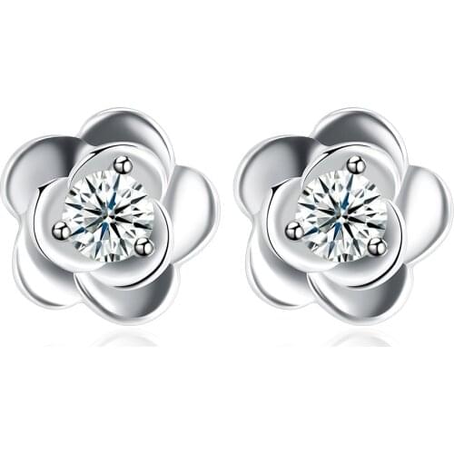 SILVERHOO New Romantic Flower S925 Sterling Silver Stud Earrings For Women Clear Cubic Zirconia Party Earring Fine Jewelry