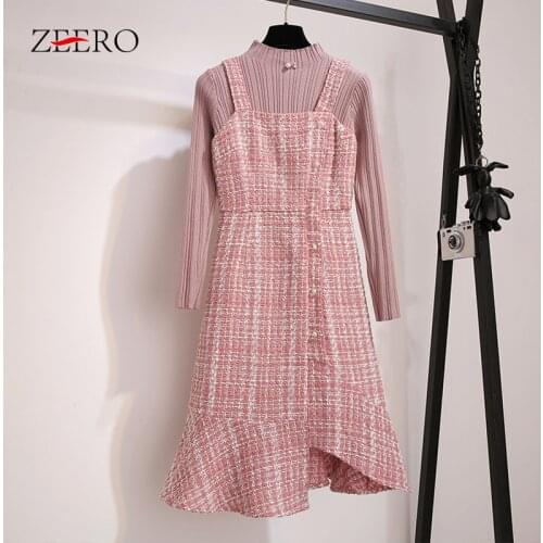 Autumn Winter Two Piece Set Women Long Sleeve Turtleneck Sweater Top + Knitted Irregular Ruffles Strap Dress Set Suit Outfits