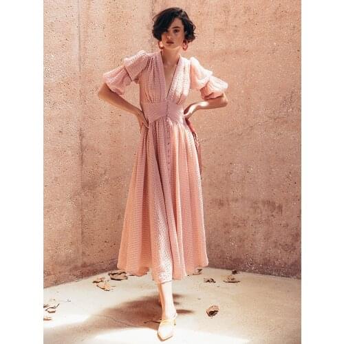 2019 Hot Sale Special Offer Cotton Spandex Lanon Vadim Dress Womens Clothing Summer Dress Vintage Lantern Sleeve V-neck Long