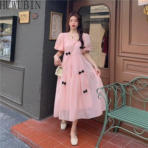 2021 Summer New Korean Fashion Color Contrast 3D Bow Decoration Square Neck Short Sleeve Sweet Chiffon High Waist Long Dress