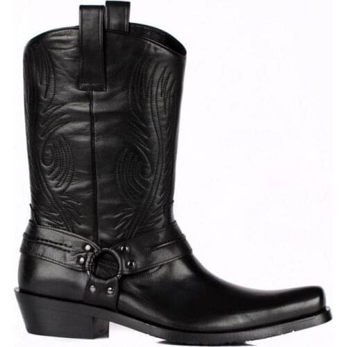 FootCourt- Black Cowboy Boots Bandit Toe Buckle Mid-Calf Genuine Leather Shoes Motorcycle Boots Embossed Male Retro Riding boots