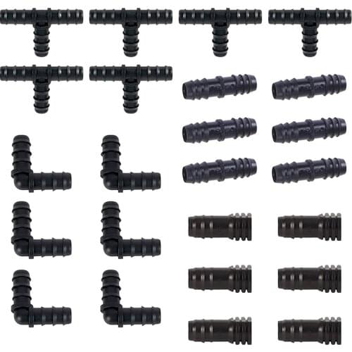 Irrigation Fittings Kit for Drip Tubing -6 Tees, 6 Couplings, 6 Ends, 6 Elbows - 16mm Compatible Drip Sprinkler Systems