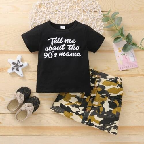 Girls Clothes Set Letter Print Short Sleeve O-neck T-shirt + Button Decoration Camouflage Skirt with Pockets for Summer
