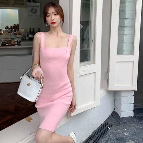 Summer Korean Dress Vintage Fashion Spaghetti Strap One-Piece Women Dress French Temperament Knitted Sweaters Ladies Mini Dress