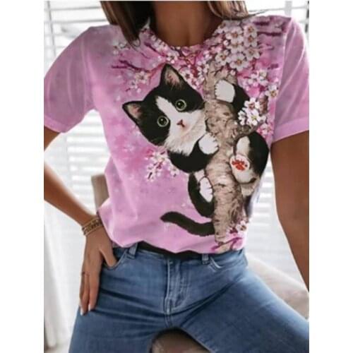 Summer Lovely Cat Short Sleeve Women T-shirt 2021 Fashion O-neck Casual 3D Printing Loose Cartoon Tee for Woman