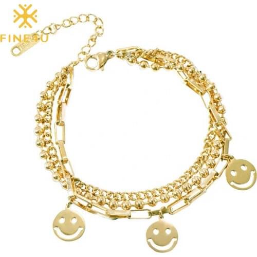 FINE4U B401 Multi Layered Cute Beads Chain Bracelets Smile Round Disc Charm Bracelet Boho Summer Jewelry