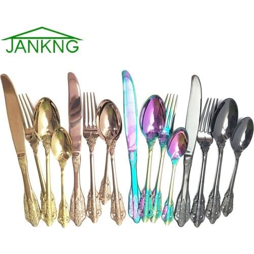 Black Tableware Set Knife Fork Spoon Dinnerware 304 Stainless Steel Cutlery Set Mirror Rose God Flatware Set kitchen Silverware